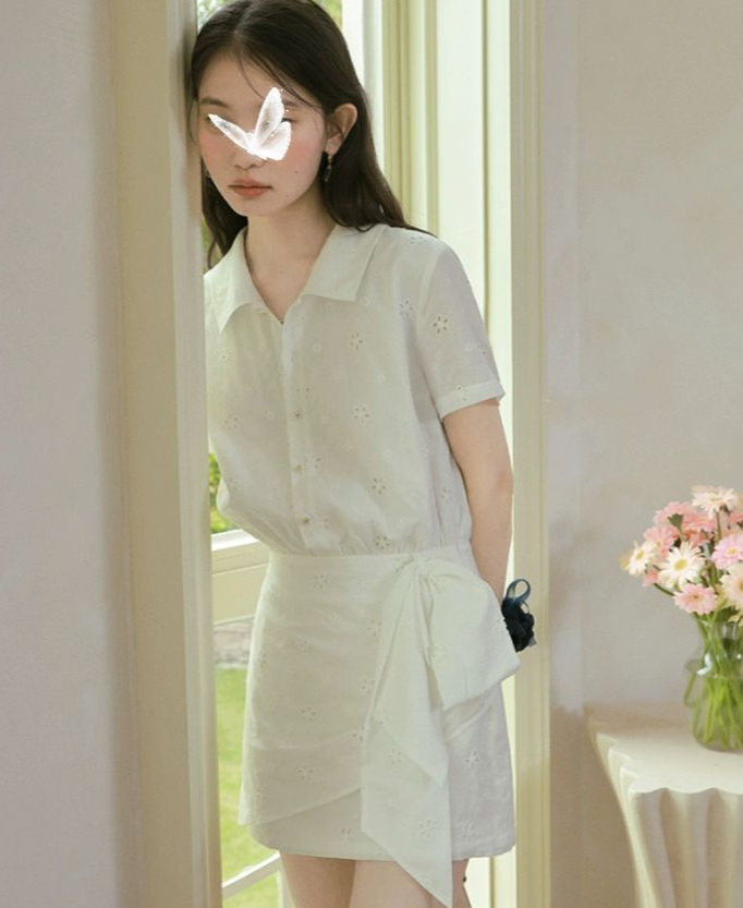 원피스 화이트 플라워 심플 드레스 여성 여름 미니 스커트 치마 흰색 - 상세 이미지 5