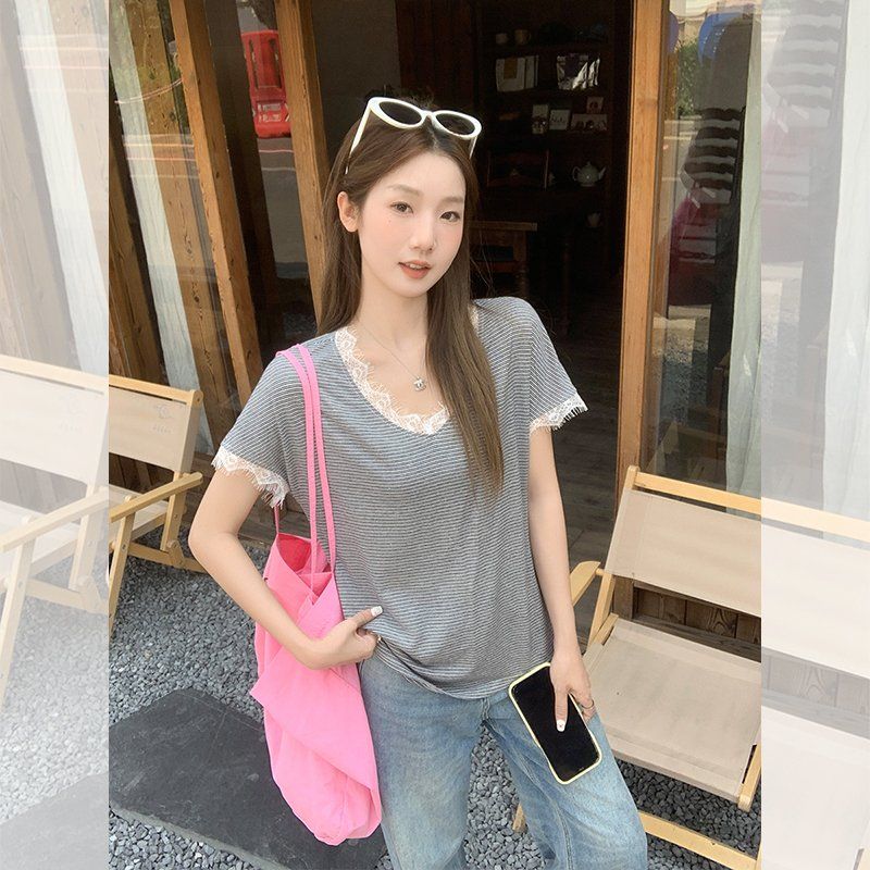 레이스 브이넥 반팔 티셔츠 여름 여성 루즈핏 단가라 스트라이프 면마 혼방 데일리 캐주얼 - 상품 이미지