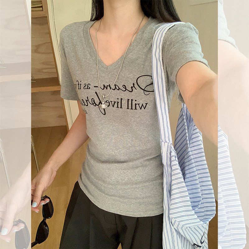 여성 슬림핏 브이넥 레터링 프린팅 반팔티 면스판 여름 데일리 캐주얼 베이직 상의 - 메인 이미지