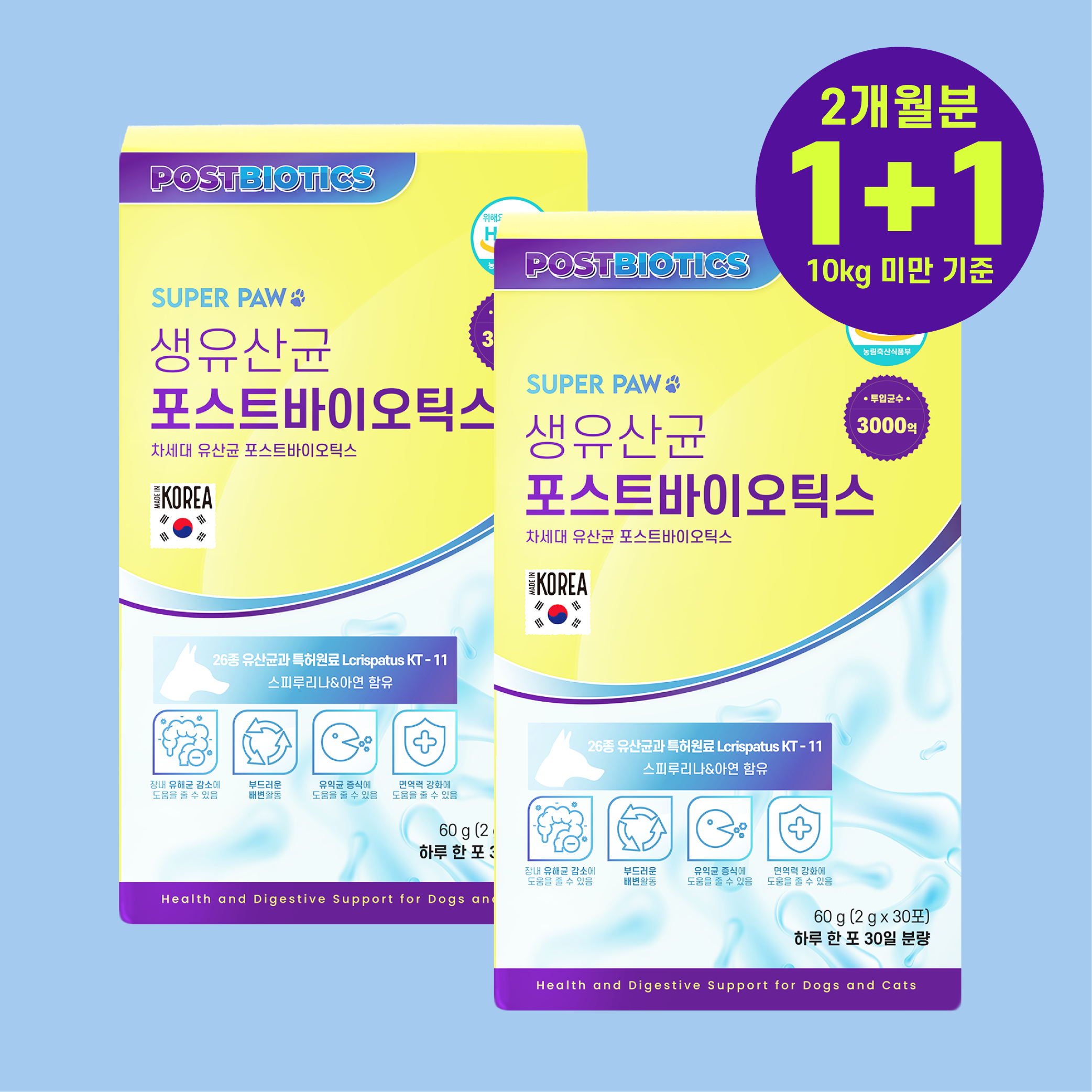 (1+1박스) 3000억 슈퍼포우 고양이 유산균 강아지 포스트바이오틱스 30포, 2개