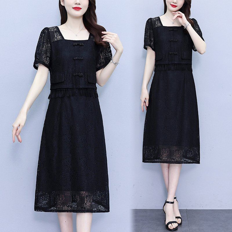 여름 여성 빅사이즈 스퀘어넥 레이스 반팔 프릴 장식 미디 롱원피스 오피스룩 하객룩 - 상품 이미지