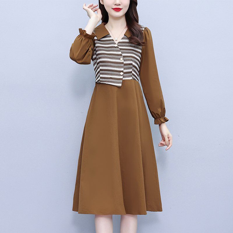 카멜 배색 긴팔 미디 A라인원피스 와이드카라 셔링소매 빅사이즈 봄가을 오피스룩 하객룩 - 상세 이미지 4