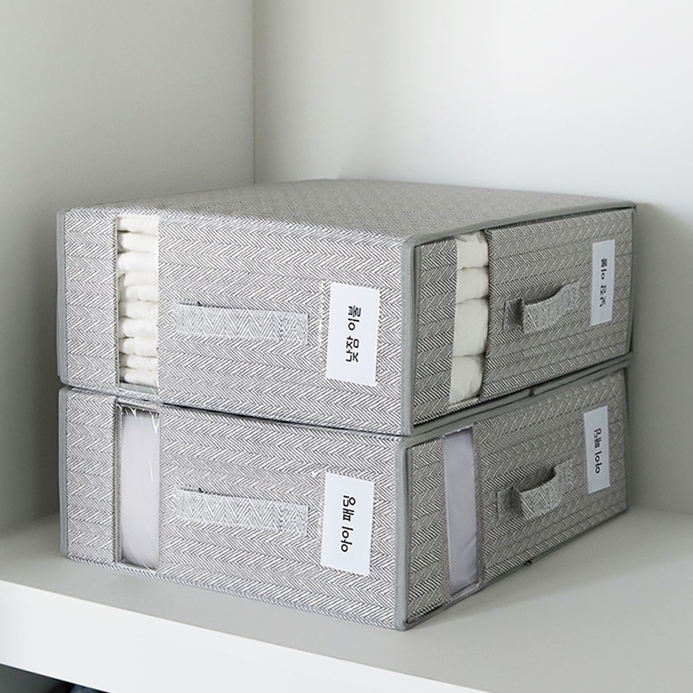 헤링본 접이식 이불 정리 보관함 중형 1P / 투명창 라벨 패브릭 이불가방 정리함