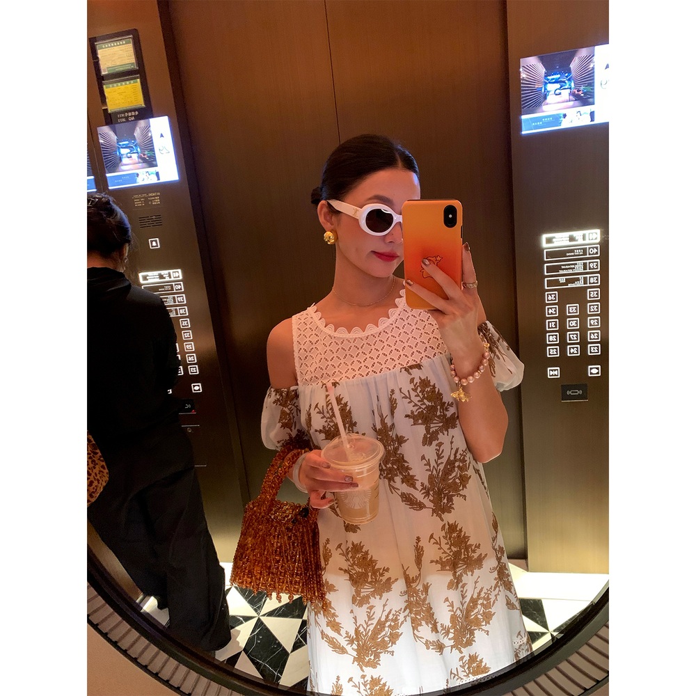 레이스 오프숄더 꽃무늬롱원피스 자수 린넨 예쁜 디자인 고급소재 캐주얼 여름 라이트블루 - 상세 이미지 5