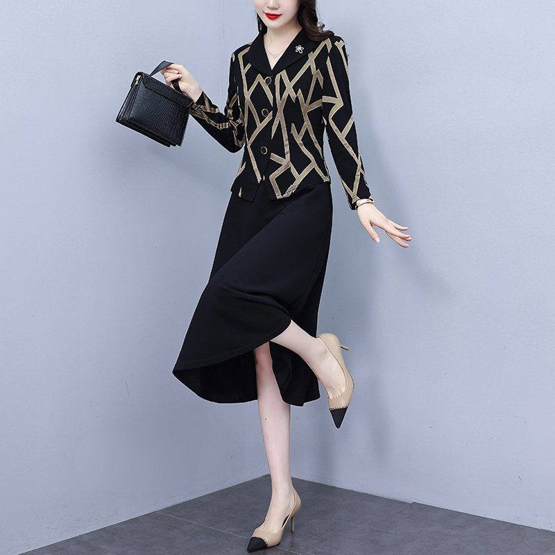 카멜 스트라이프 배색 긴팔 미디 A라인원피스 와이드카라 슬림핏 빅사이즈 오피스룩 - 상세 이미지 4