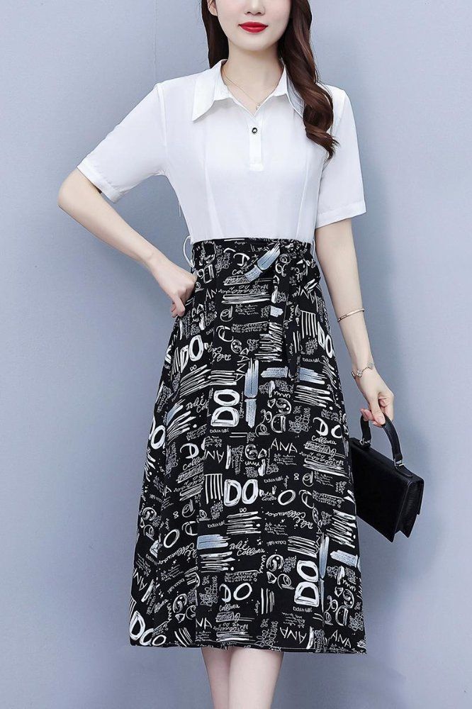 여름 여성 빅사이즈 카라 반팔 배색 허리끈 A라인 미디 롱원피스 오피스룩 하객룩 - 상세 이미지 5