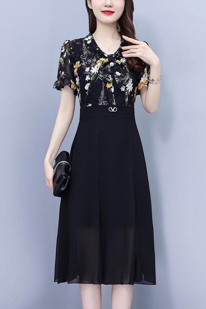 여름 여성 빅사이즈 브이넥 플라워 쉬폰 배색 A라인 미디 롱원피스 하객룩 오피스룩 - 상세 이미지 5