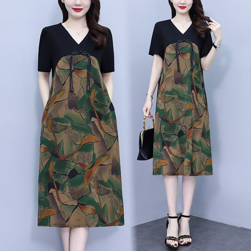 여름 여성 빅사이즈 브이넥 추상 패턴 반팔 A라인 미디 롱원피스 데일리 캐주얼룩 - 상품 이미지