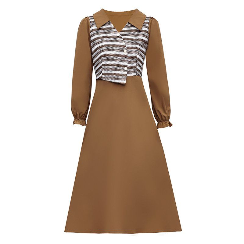 카멜 배색 긴팔 미디 A라인원피스 와이드카라 셔링소매 빅사이즈 봄가을 오피스룩 하객룩 - 상세 이미지 5