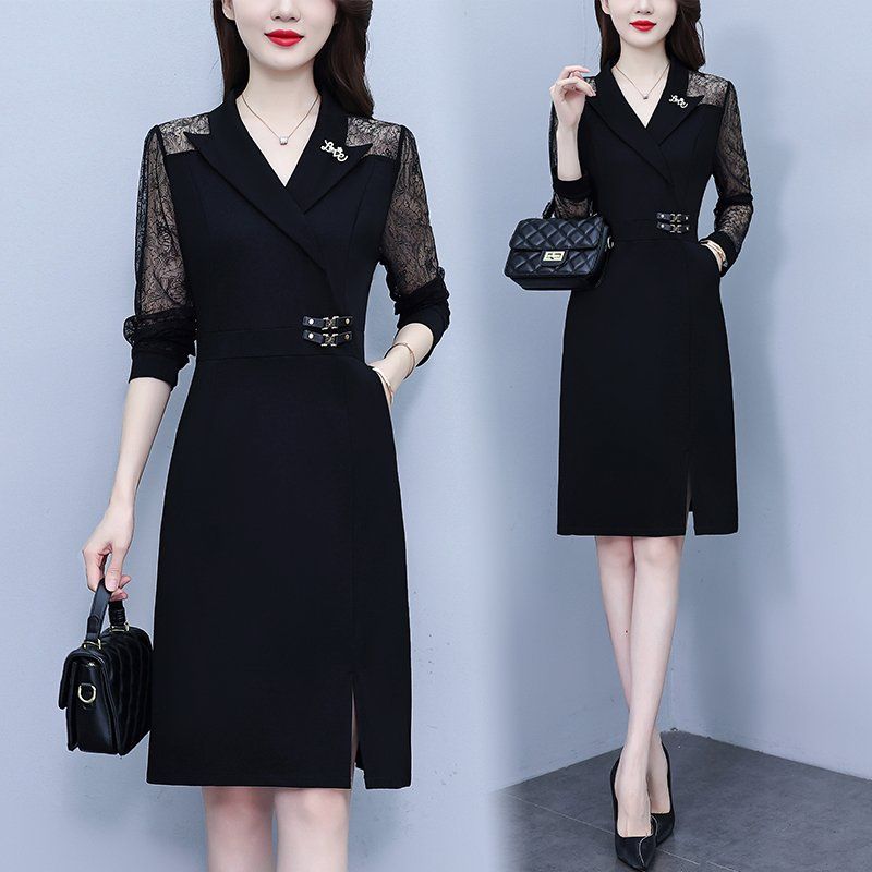 블랙 레이스 시스루긴팔 카라 미디 H라인원피스 슬림핏 빅사이즈 포켓 봄가을 하객룩 오피스룩 - 상품 이미지