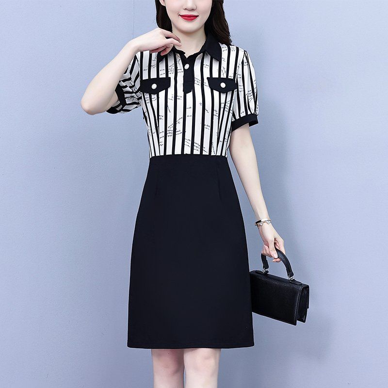 여름 여성 빅사이즈 카라 반팔 배색 추상패턴 허리끈 A라인 미디 원피스 오피스룩 하객룩 - 상세 이미지 4