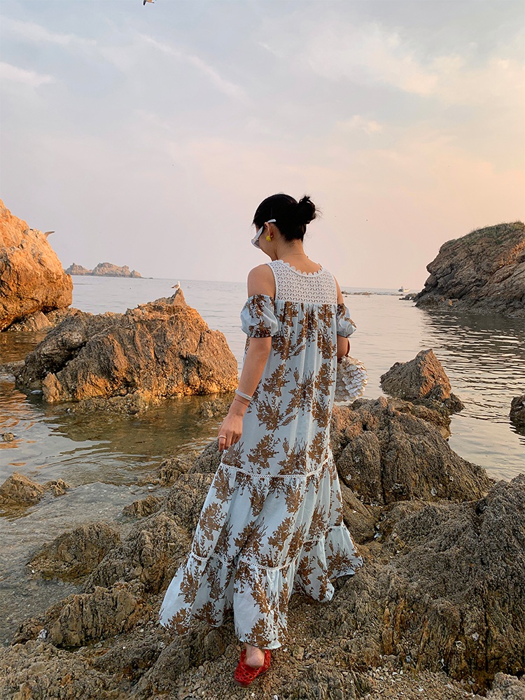 레이스 오프숄더 꽃무늬롱원피스 자수 린넨 예쁜 디자인 고급소재 캐주얼 여름 라이트블루 이미지 7