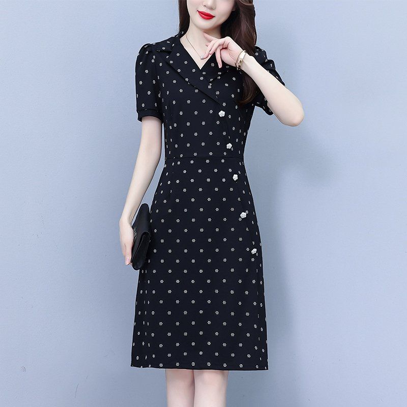 여름 여성 빅사이즈 브이넥 테일러드카라 도트 반팔 A라인 미디 롱원피스 하객룩 오피스룩 - 상세 이미지 3