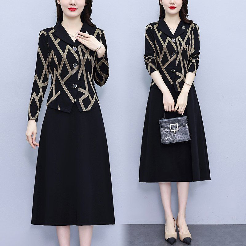 카멜 스트라이프 배색 긴팔 미디 A라인원피스 와이드카라 슬림핏 빅사이즈 오피스룩 - 상품 이미지