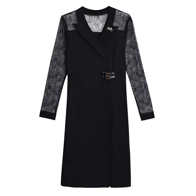 블랙 레이스 시스루긴팔 카라 미디 H라인원피스 슬림핏 빅사이즈 포켓 봄가을 하객룩 오피스룩