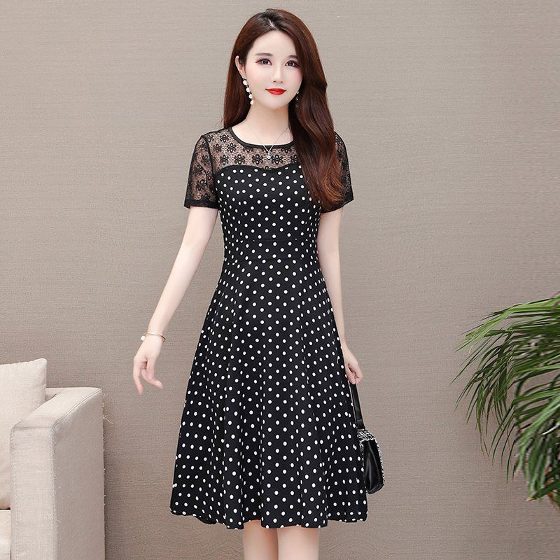 블랙 도트 레이스 반팔 라운드넥 미디 A라인원피스 빅사이즈 여름 데일리룩 - 상세 이미지 2