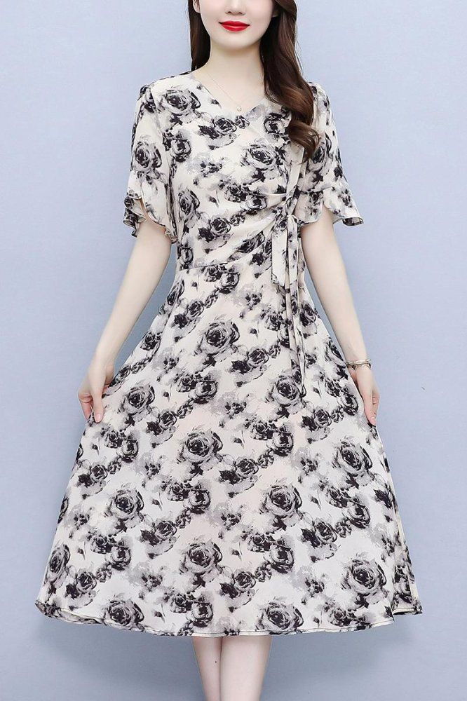 추상패턴 브이넥 허리 스트랩 A라인 미디 롱원피스 여름 여성 빅사이즈 오피스룩 하객룩 - 상세 이미지 5