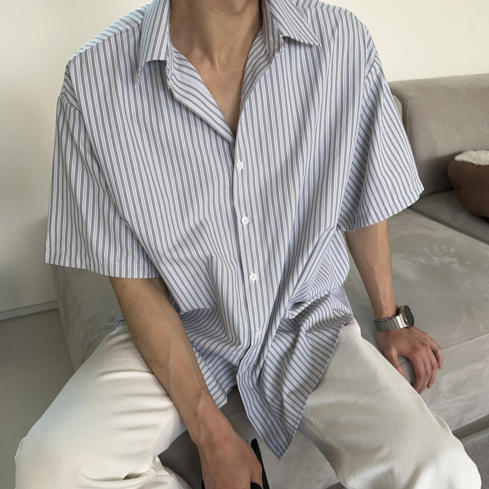 남자 셔츠 오버핏 스트라이프 여름 남방 남자 반팔셔츠