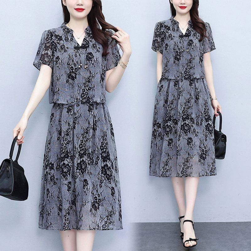 여름 여성 빅사이즈 브이넥 플라워 패턴 배색 A라인 미디 롱원피스 하객룩 오피스룩 - 상품 이미지