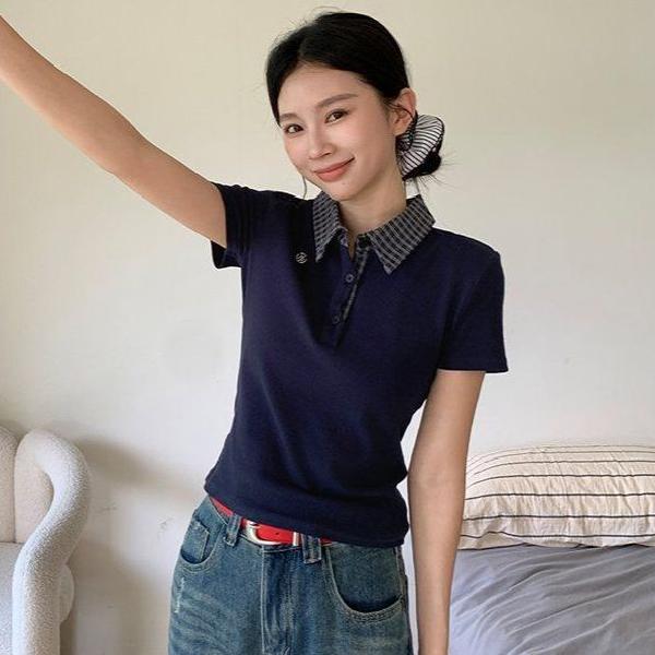 여성 슬림핏 폴로카라 반팔티 배색 체크넥 여름 데일리 면스판 캐주얼 기본 상의 - 상품 이미지