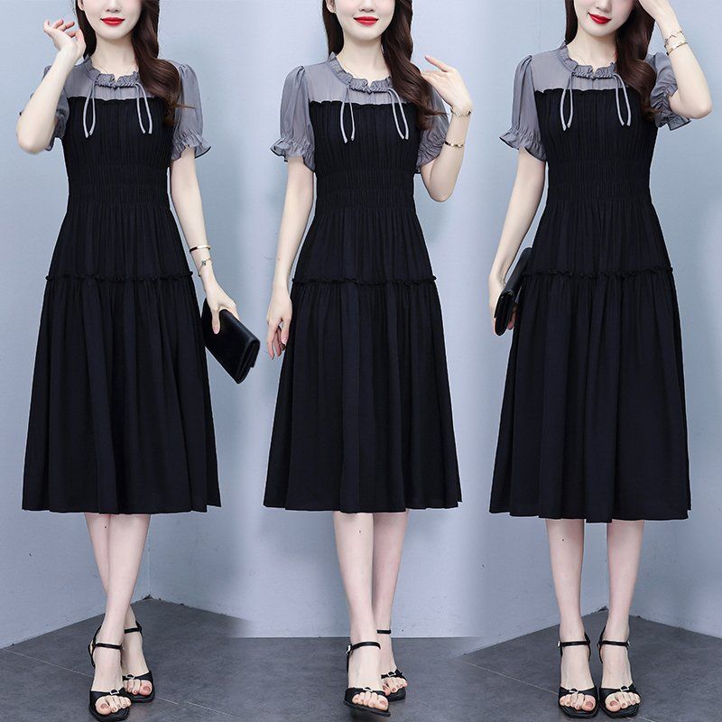 여름 여성 빅사이즈 러플넥 셔링 배색 퍼프소매 A라인 미디 롱원피스 하객룩 오피스룩 - 상세 이미지 2