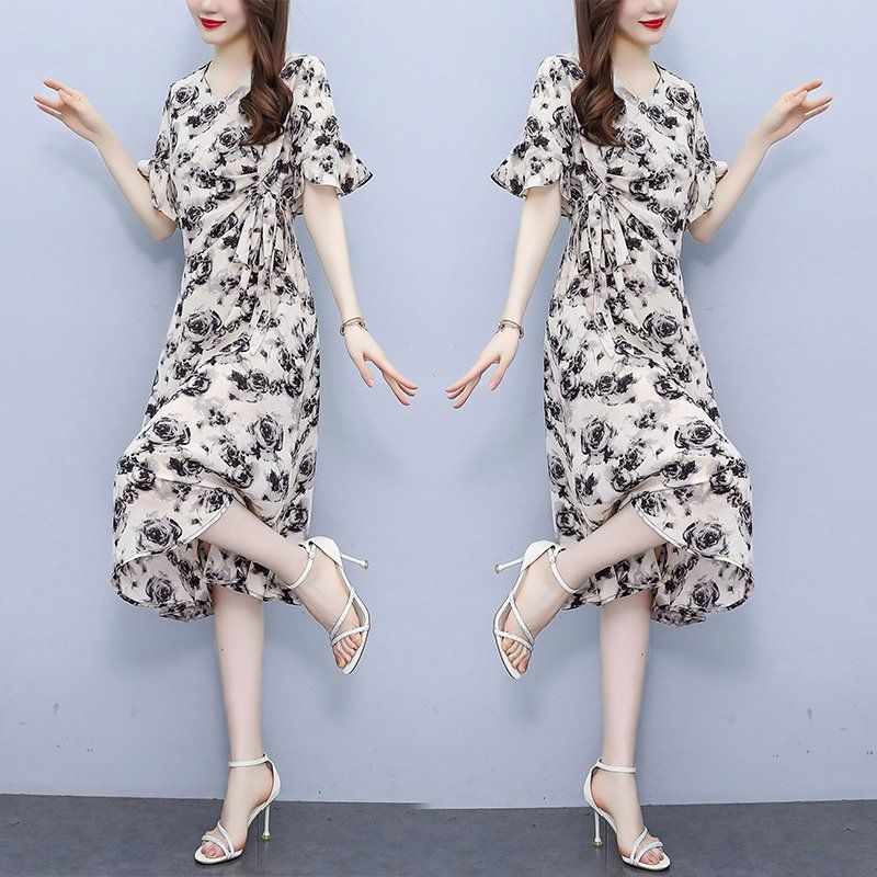 추상패턴 브이넥 허리 스트랩 A라인 미디 롱원피스 여름 여성 빅사이즈 오피스룩 하객룩 - 상세 이미지 3