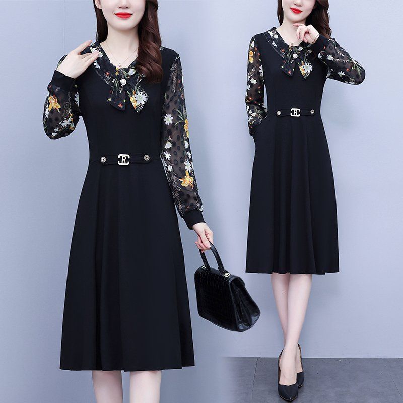 봄 여름 여성 빅사이즈 브이넥 배색 플라워패턴 미디 롱원피스 허리스트랩 오피스룩 하객룩 - 상품 이미지