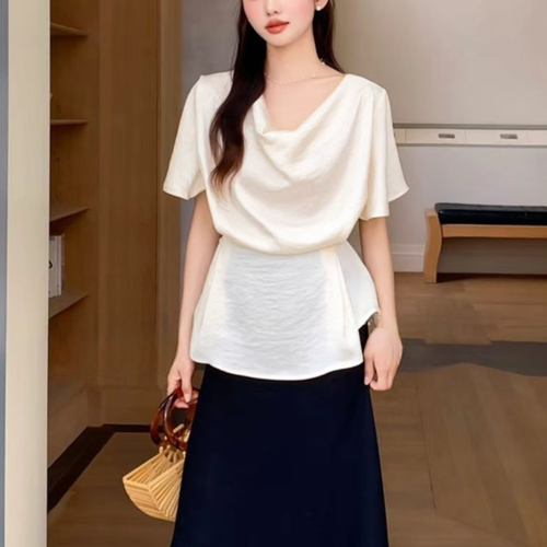 블라우스 결혼식하객룩 여름 여성 반팔 모임 오버핏 리본 셔츠 - 상품 이미지