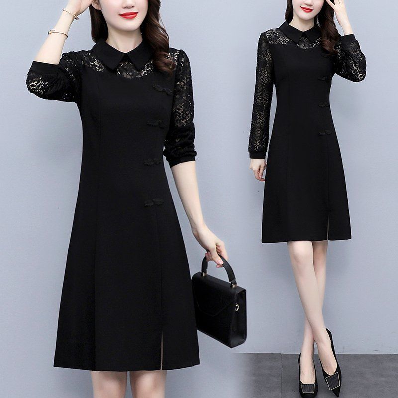 봄 가을 여성 빅사이즈 레이스 배색 둥근카라 긴팔 A라인 미디 롱원피스 하객룩 오피스룩