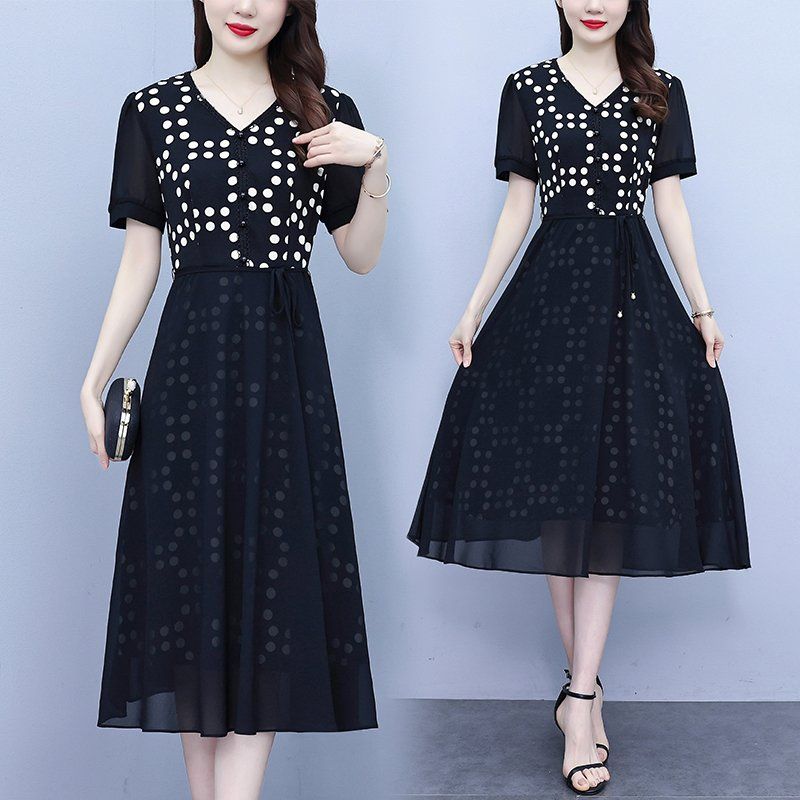 레이스 배색 도트 반팔 라운드넥 A라인 미디 롱원피스 여름 여성 빅사이즈 하객룩 오피스룩