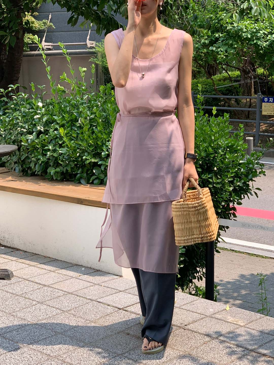 히로미 오간자 시스루 하객룩 나시 뷔스티에 휴양지 허리끈 랩 롱 원피스