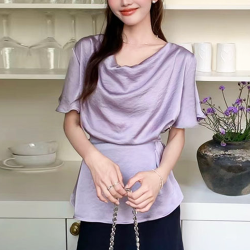 블라우스 결혼식하객룩 여름 여성 반팔 모임 오버핏 리본 셔츠 - 상세 이미지 4