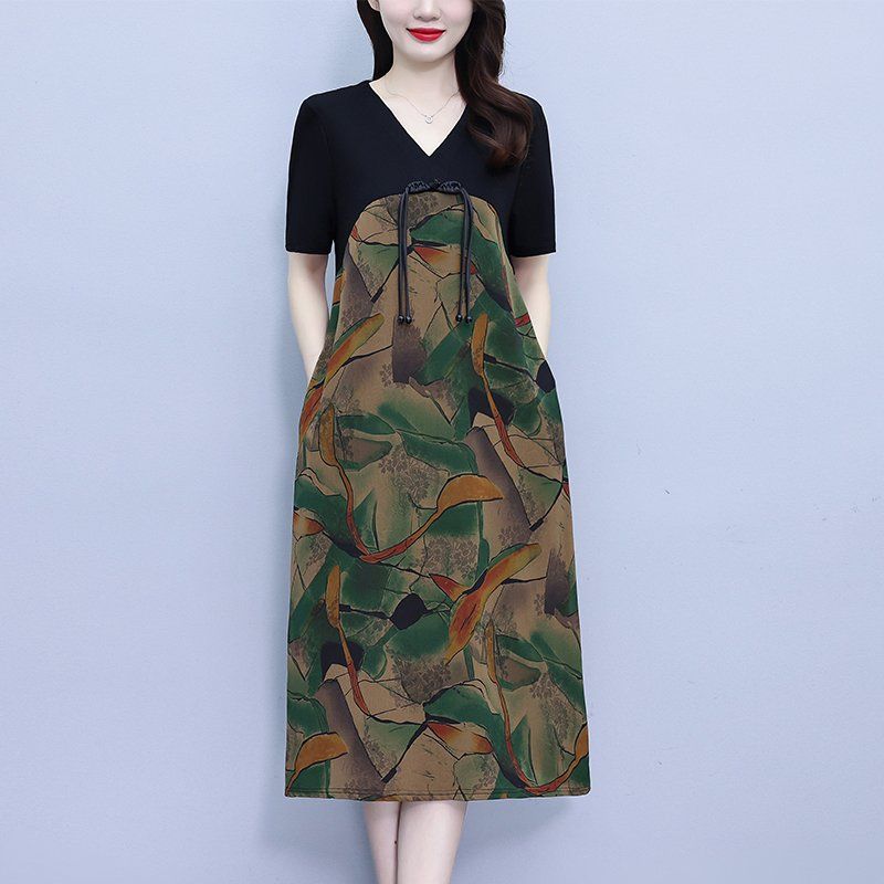 여름 여성 빅사이즈 브이넥 추상 패턴 반팔 A라인 미디 롱원피스 데일리 캐주얼룩 - 상세 이미지 4