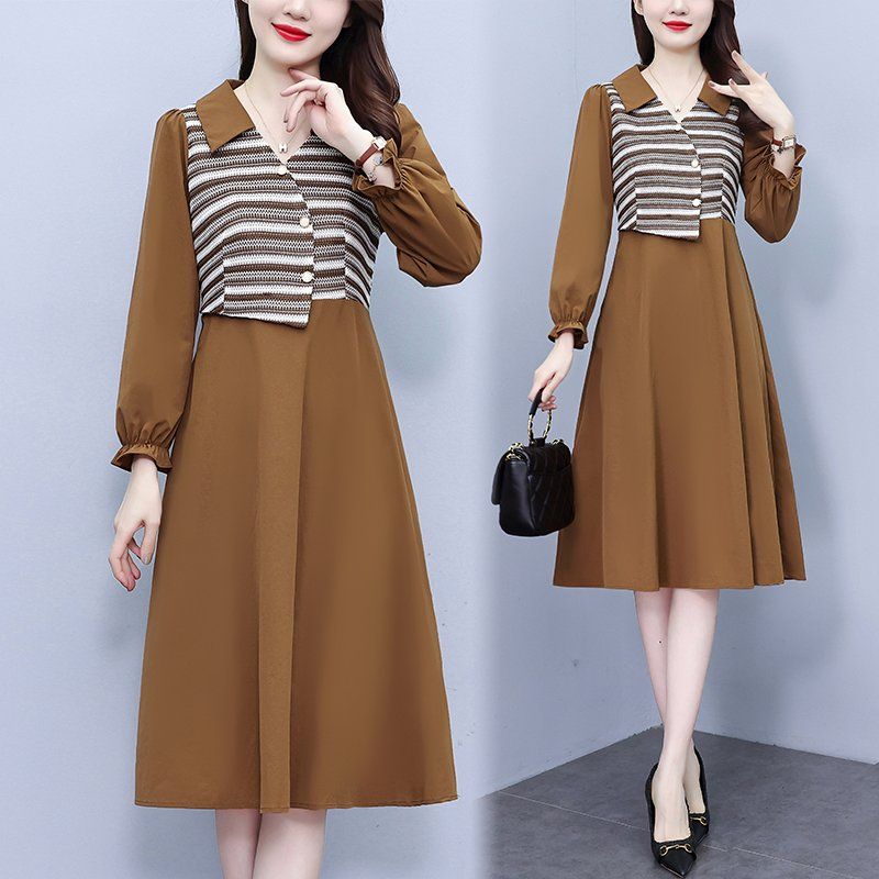 카멜 배색 긴팔 미디 A라인원피스 와이드카라 셔링소매 빅사이즈 봄가을 오피스룩 하객룩 - 상품 이미지