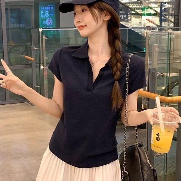 여성 폴로카라 반팔티 슬림핏 일자핏 면폴리 여름 데일리 이지웨어 캐주얼 기본 상의 - 상품 이미지