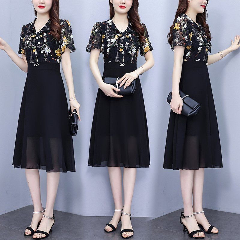 여름 여성 빅사이즈 브이넥 플라워 쉬폰 배색 A라인 미디 롱원피스 하객룩 오피스룩 - 상세 이미지 2