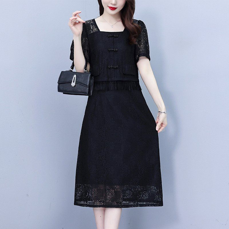 여름 여성 빅사이즈 스퀘어넥 레이스 반팔 프릴 장식 미디 롱원피스 오피스룩 하객룩 - 상세 이미지 3