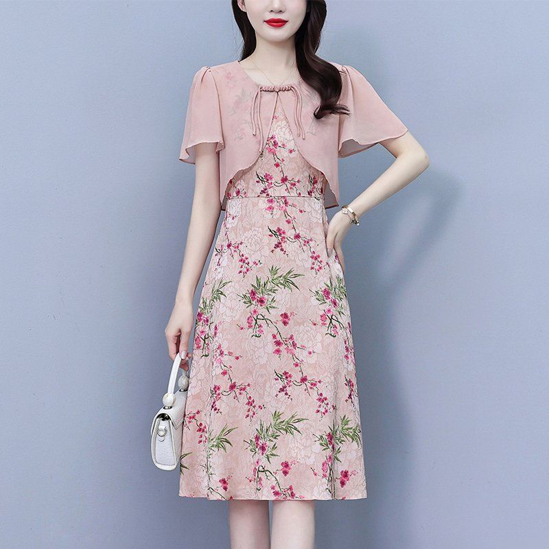 플라워 패턴 브이넥 배색 A라인 미디 롱원피스 여름 여성 빅사이즈 하객룩 오피스룩 - 상세 이미지 3