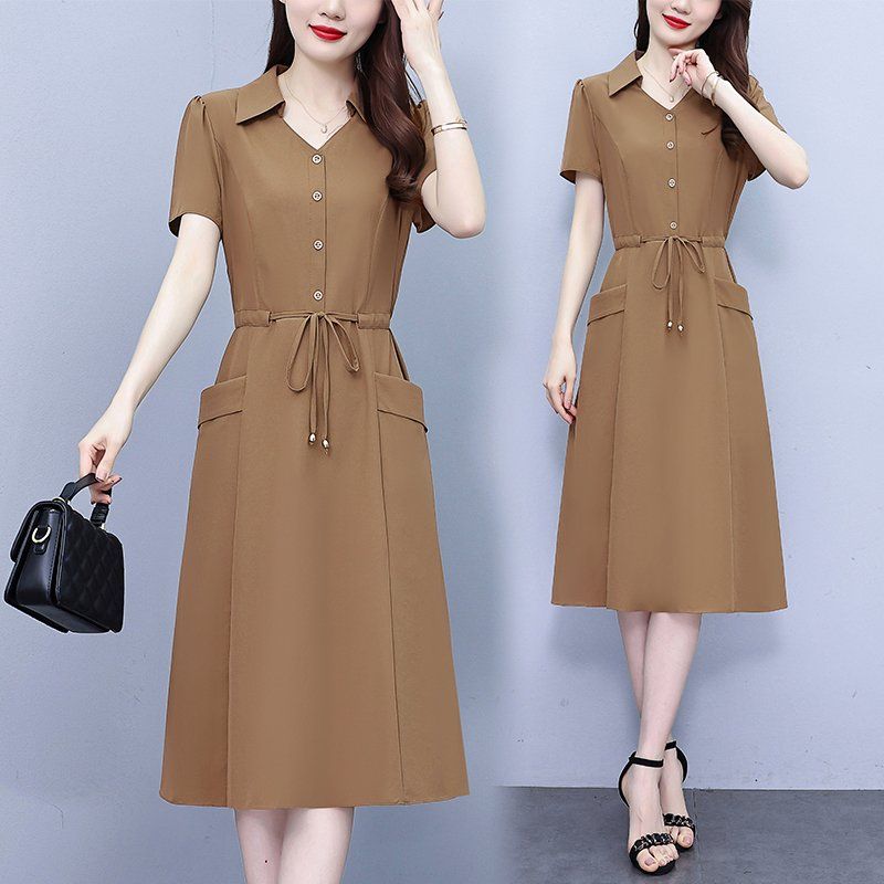 여름 여성 빅사이즈 카라 버튼 반팔 A라인 미디 롱원피스 허리 스트랩 포켓 데일리 오피스룩 - 상품 이미지