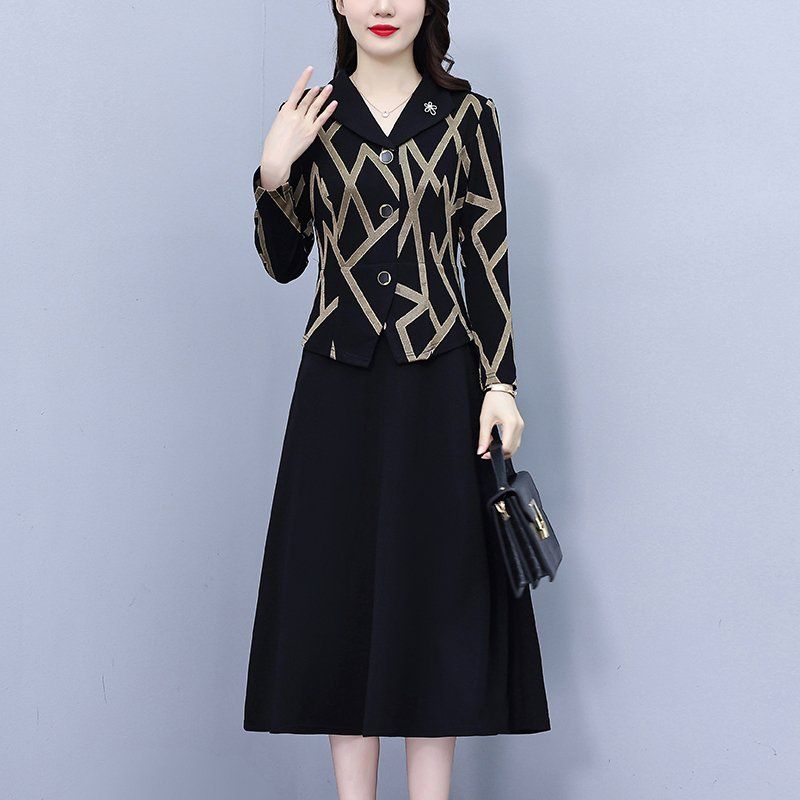 카멜 스트라이프 배색 긴팔 미디 A라인원피스 와이드카라 슬림핏 빅사이즈 오피스룩 - 상세 이미지 3