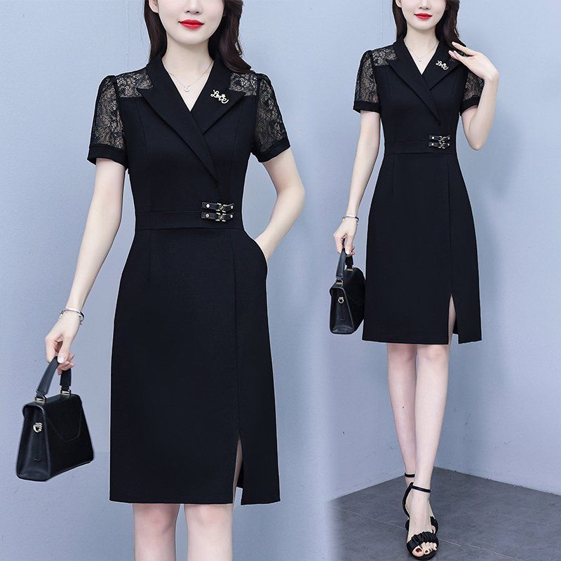 여름 여성 빅사이즈 브이넥 테일러드카라 레이스 반팔 슬림핏 미디 롱원피스 오피스룩 하객룩 - 상품 이미지