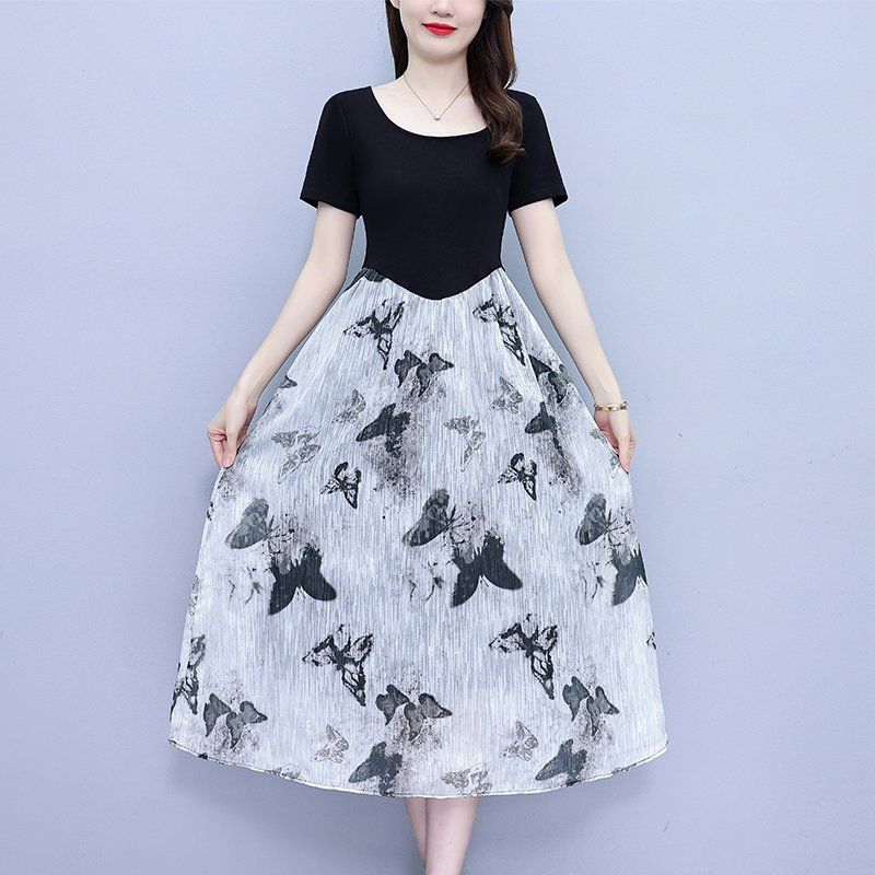 여름 여성 빅사이즈 라운드넥 반팔 A라인 미디 롱원피스 데일리 캐주얼 오피스룩 하객룩 - 상세 이미지 4