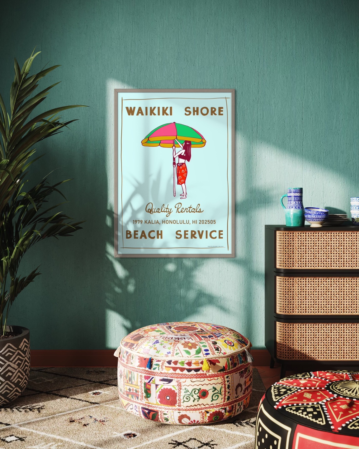 와이키키 비치 파라솔 인테리어 빈티지 포스터 / 카페 호텔 장식 꾸미기