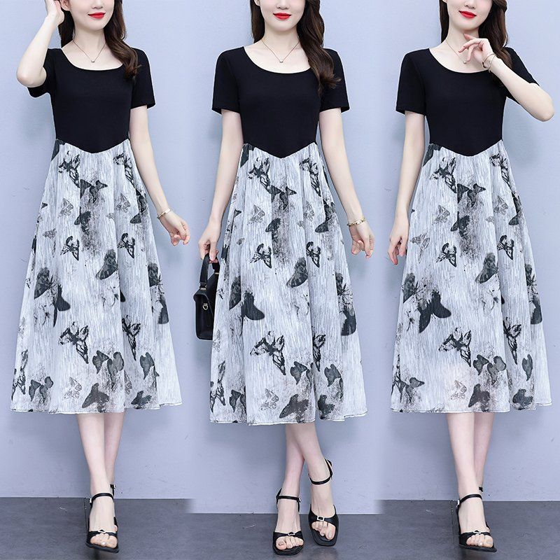 여름 여성 빅사이즈 라운드넥 반팔 A라인 미디 롱원피스 데일리 캐주얼 오피스룩 하객룩 - 상세 이미지 2