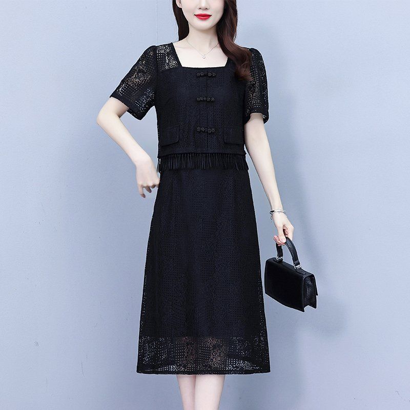 여름 여성 빅사이즈 스퀘어넥 레이스 반팔 프릴 장식 미디 롱원피스 오피스룩 하객룩 - 상세 이미지 4