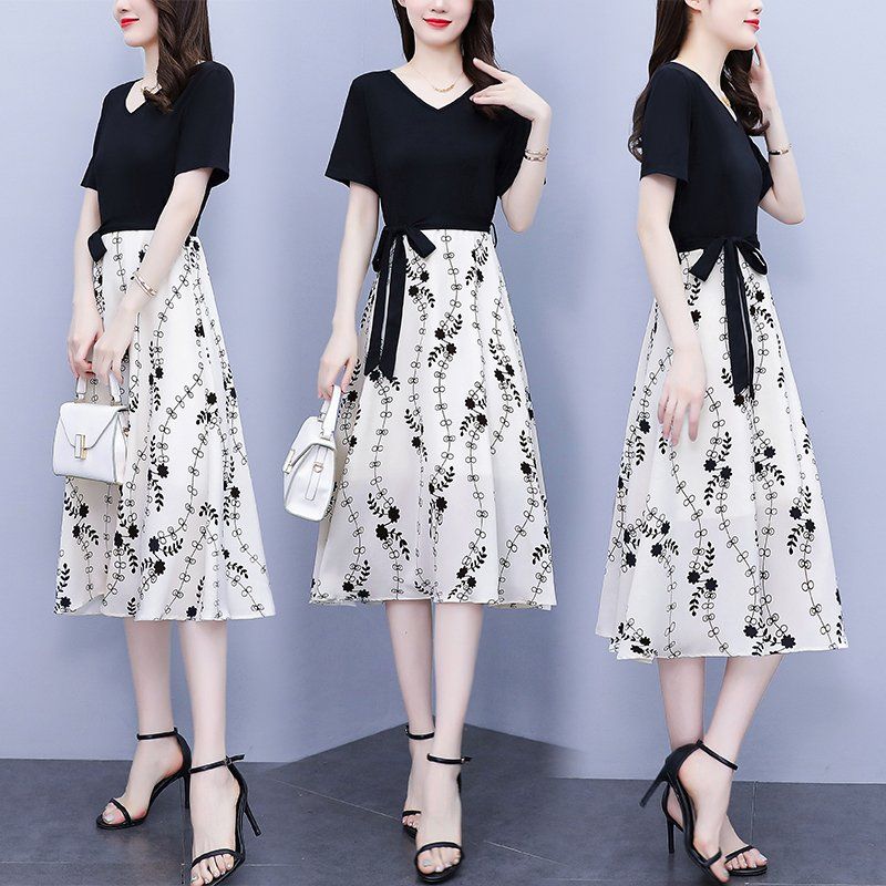 여름 여성 빅사이즈 브이넥 배색 꽃무늬 허리끈 플라워 미디 롱원피스 하객룩 오피스룩 - 상세 이미지 4