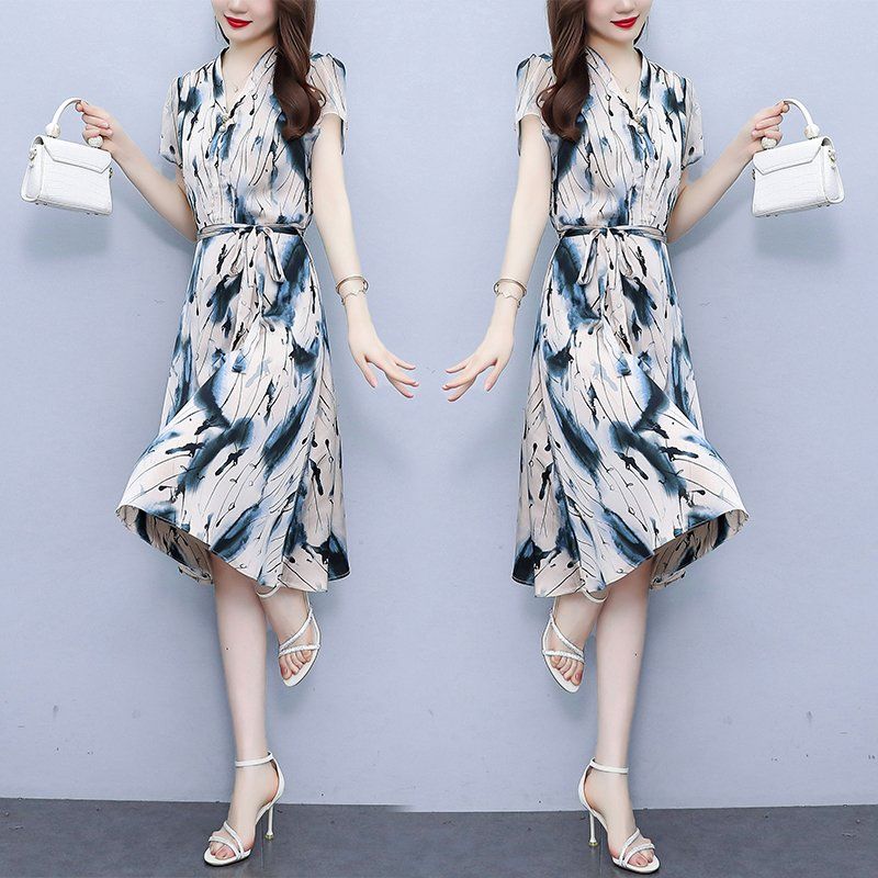 블랙 화이트 프린트 V넥 반팔 랩 미디 A라인원피스 슬림핏 빅사이즈 여름 데일리룩 - 상세 이미지 3