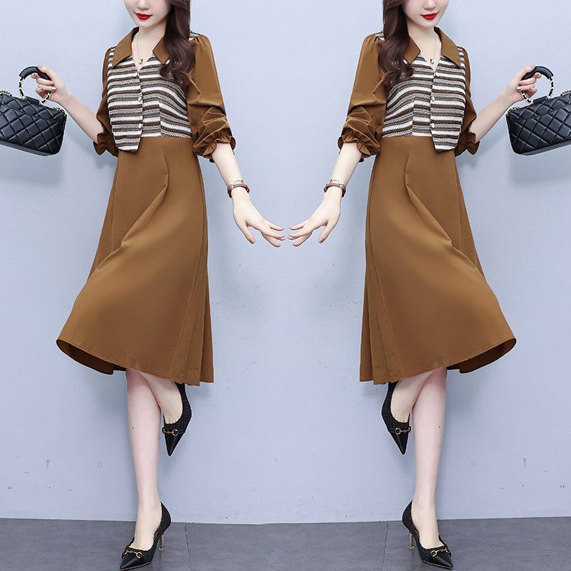 카멜 배색 긴팔 미디 A라인원피스 와이드카라 셔링소매 빅사이즈 봄가을 오피스룩 하객룩 - 상세 이미지 3