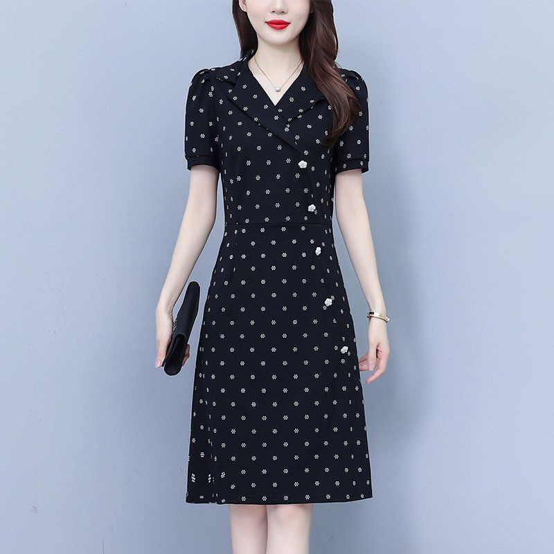 여름 여성 빅사이즈 브이넥 테일러드카라 도트 반팔 A라인 미디 롱원피스 하객룩 오피스룩 - 상세 이미지 4