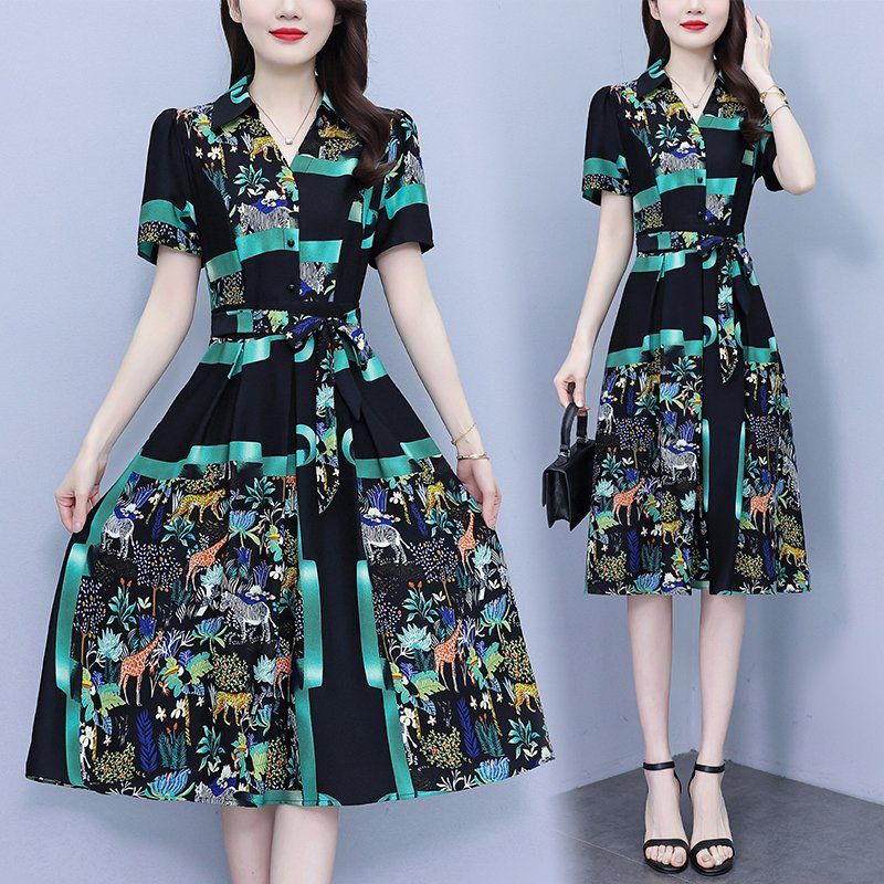 여름 여성 빅사이즈 브이넥 추상패턴 포켓 허리 스트랩 A라인 미디 롱원피스 캐주얼 데일리룩 - 상품 이미지